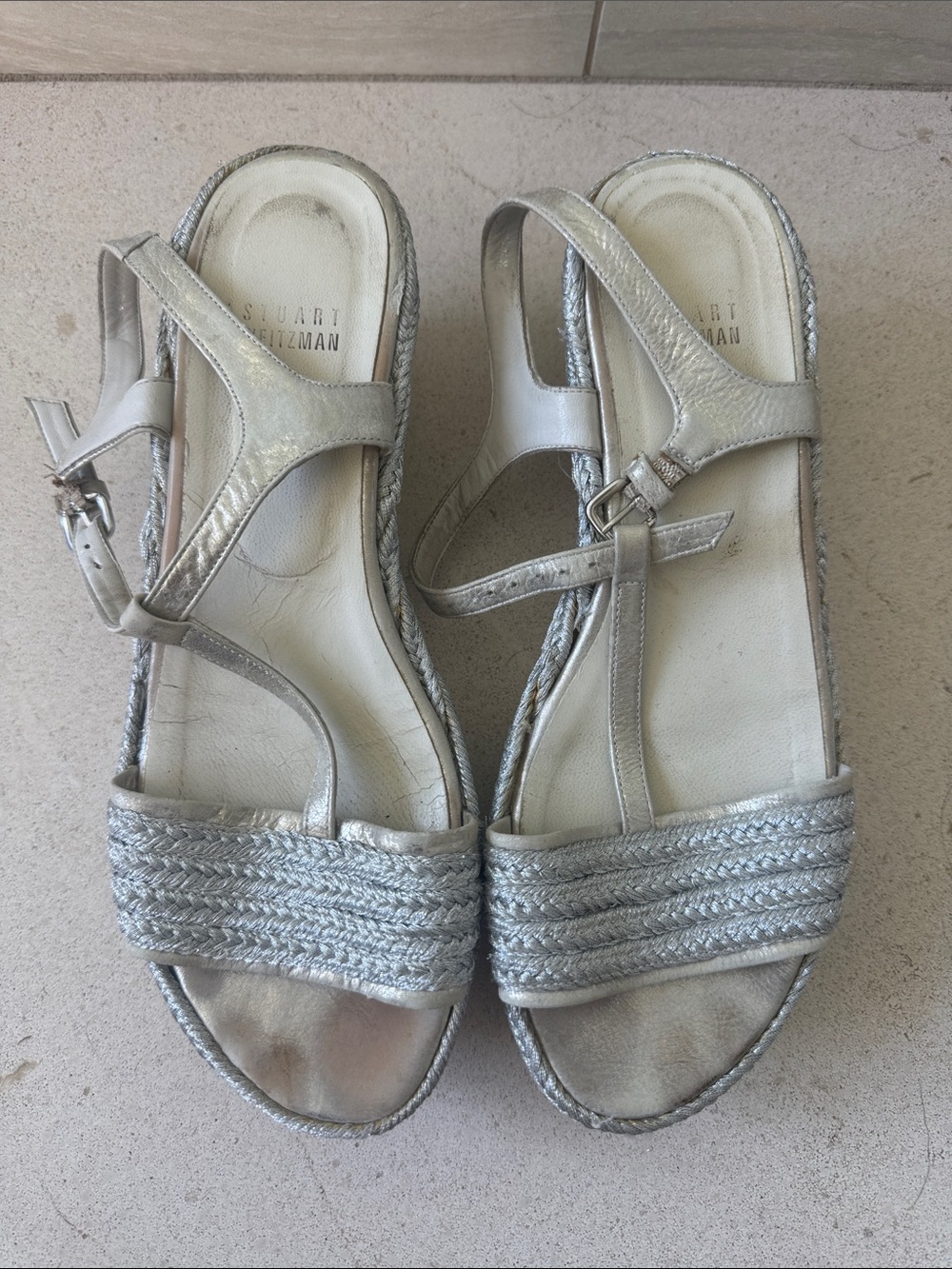 Stuart Weitzman Metallic Silver Braided Espadrille Sandals